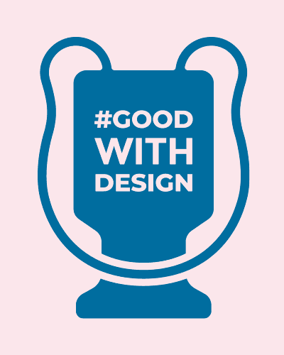 Pictogram of a donation jar with the words Good With Design written on it.