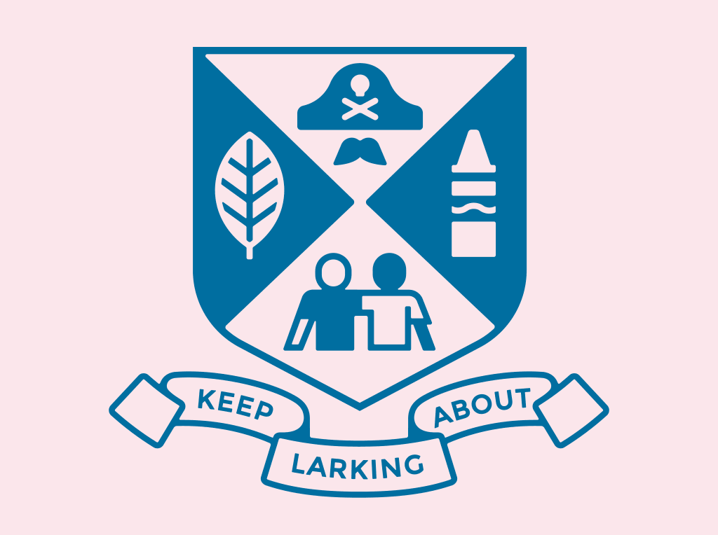 School Bag motif. Designed like a school badge, this design features illustrations symbolising play, friendship, exploration. Underneath in a latin-styled scroll is the moto, Keep Larking About.